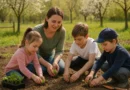 Mama in otroci na vrtu spomladi sadijo solato