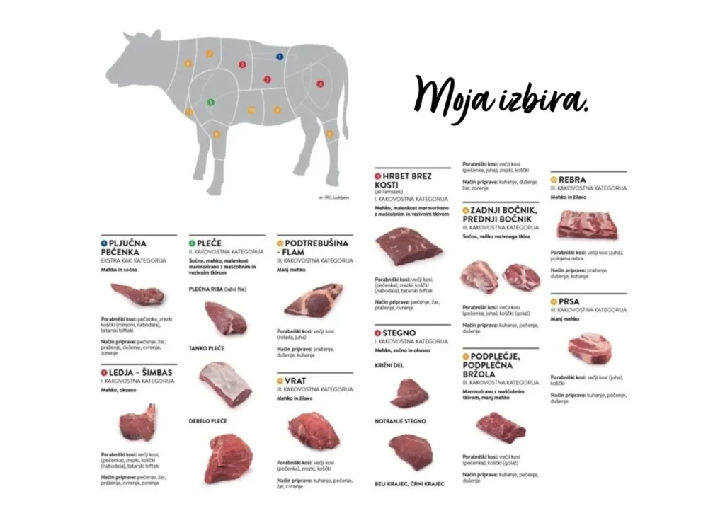 Kako uporabiti različne dele govejega mesa, infografika