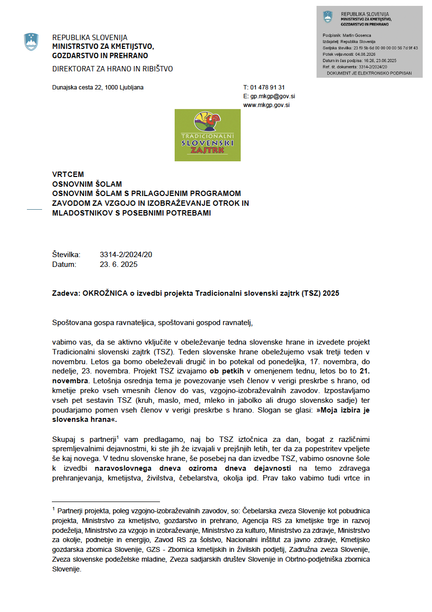 Okrožnica o izvedbi projekta Tradicionalni slovenski zajtrk 2025