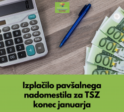 Na sliki so kalkulator in evrski bankovci, zraven napis Izplačilo pavšalnega nadomestila za TSZ konec januarja