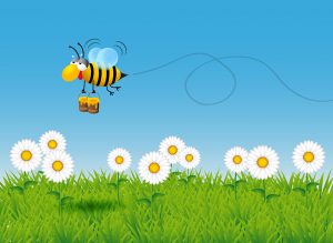 Narisana čebela pri letu med cvetovi