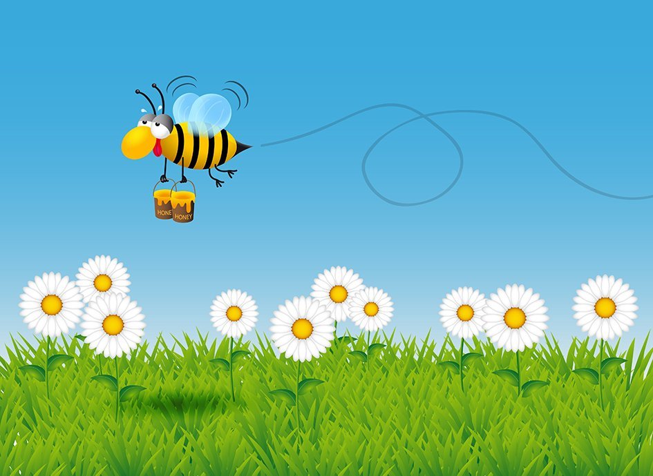 Narisana čebela pri letu med cvetovi
