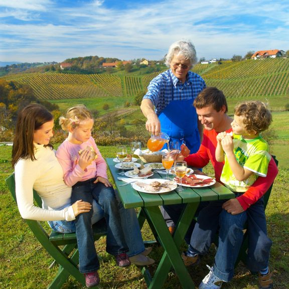 mlada družina za obloženo mizo zunaj ob lepem vremenu