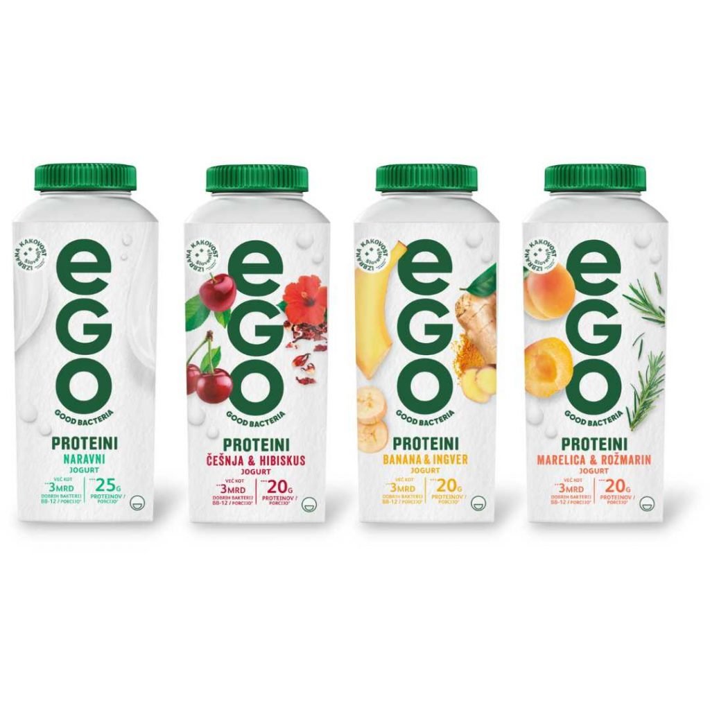 Na sliki so štrirje jogurti različnih okusov iz linije EGO Proteini.