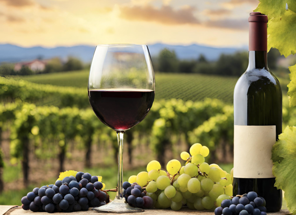 vino grozdje in v ozadju vinograd